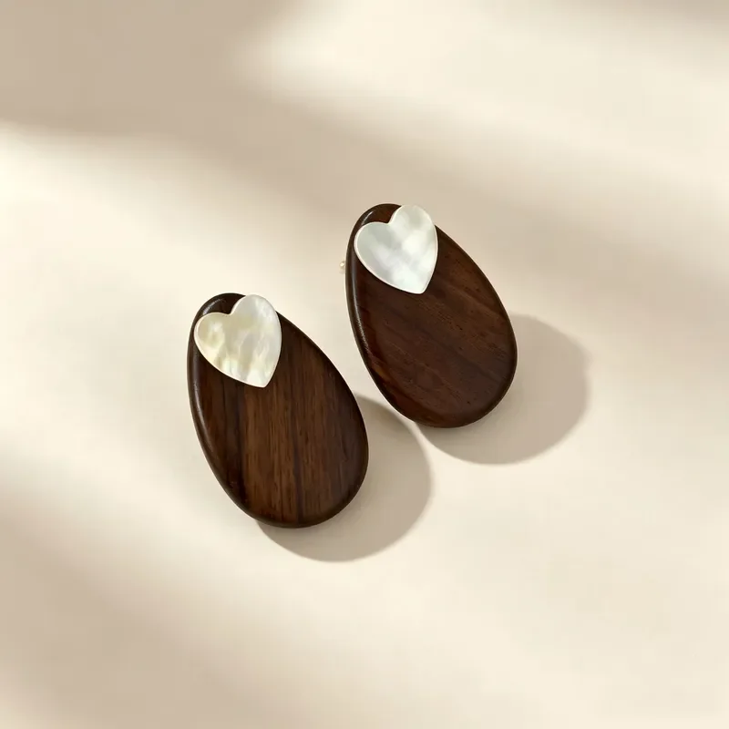 Natural original shell love earrings retro new Chinese wood earrings national style niche design stud earrings