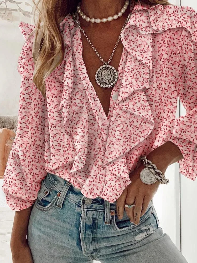 Camisa de gasa estampada con volantes para mujer, Top Sexy con cuello en V, manga larga, botonadura única, informal y cómodo, primavera y otoño, nueva moda