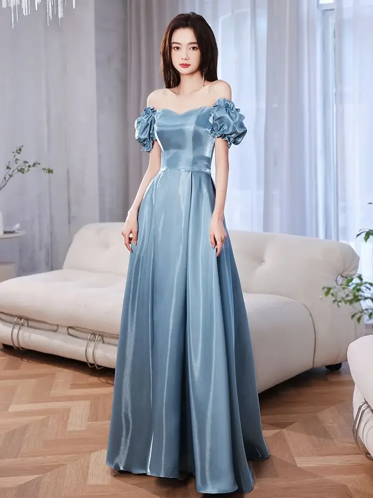 Ofallsis Blue Puff Sleeve Banquet Evening Dress Female 2023 New Elegant Birthday Light Luxury Graduation Art Exam Host Dresses