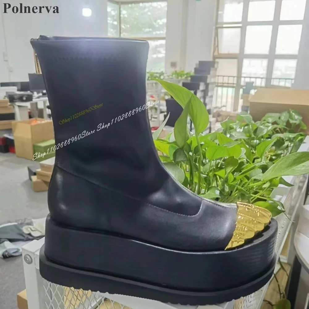 

Black Thick Soled Gold Thumbs Ankle Boots Flat With Shoes For Women Back Zipper Round Toe 2025 Fashionable Zapatos Para Mujere