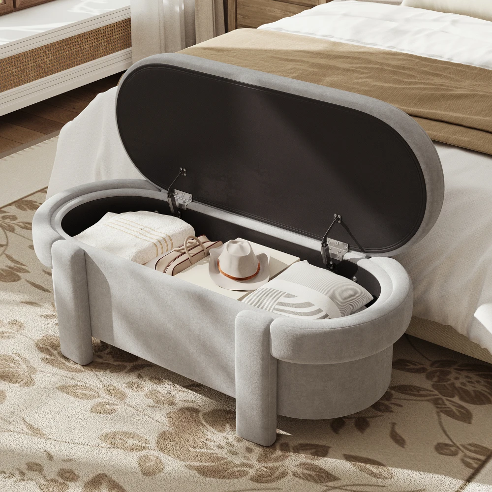 PINGGO Graue Gepolsterte Aufbewahrungsbank mit Deckel 121,5x49x44,5cm Fleece-Sitzbox für Wohnzimmer Schlafzimmer – Detail 9