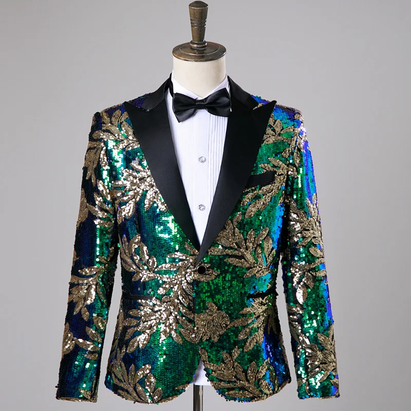 

Men's Embroidery Sequins Suit Jackets Gold Green One Button Slim Festival Events Blazer Evening Party Singer Host Stage Tuxedo