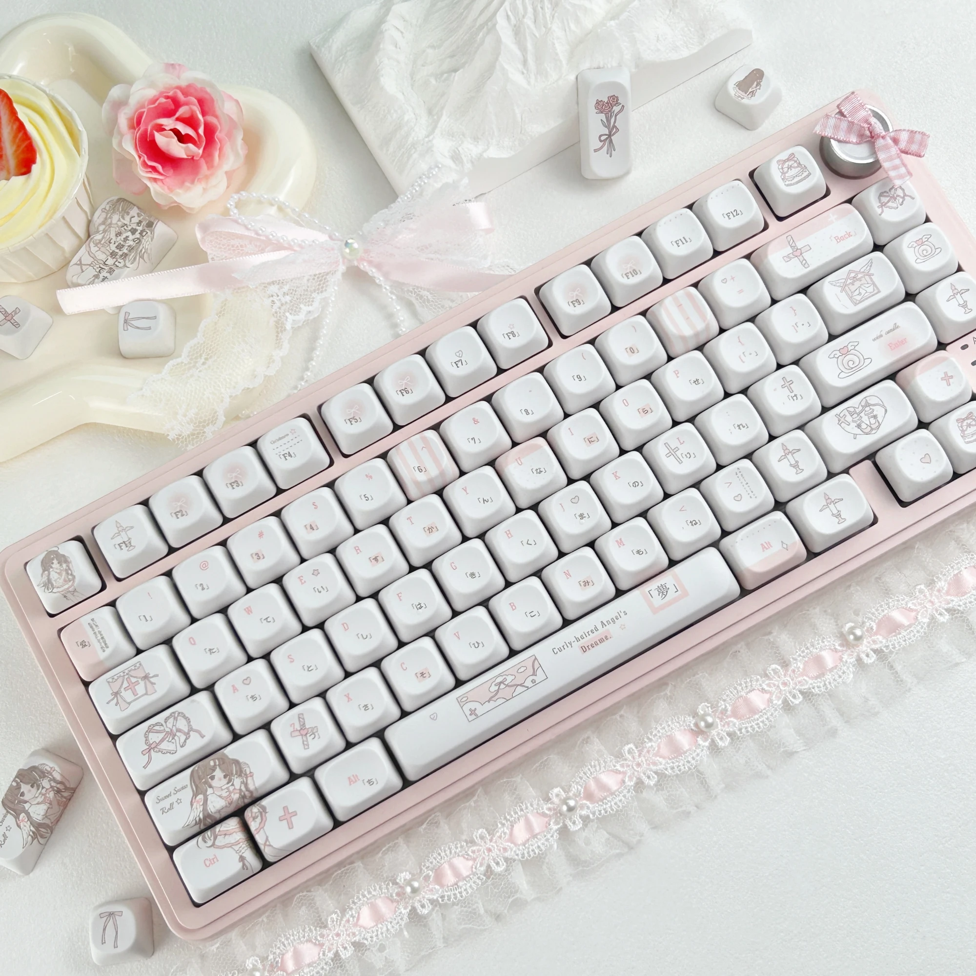 MAIMOOO Pink White Lolita Style Keycaps Russian Korean MOA Cherry Profile Cute Curly-Haired Angel Keycap for Mechanical Keyboard - view 6