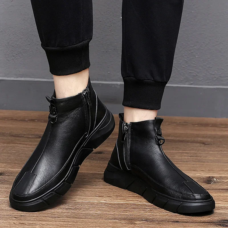 Autumn New Shoes for Men Genuine Leather Casual Shoes Fashion High Tops Leather Boots Winter Retro Warm Plush Chelsea Boots