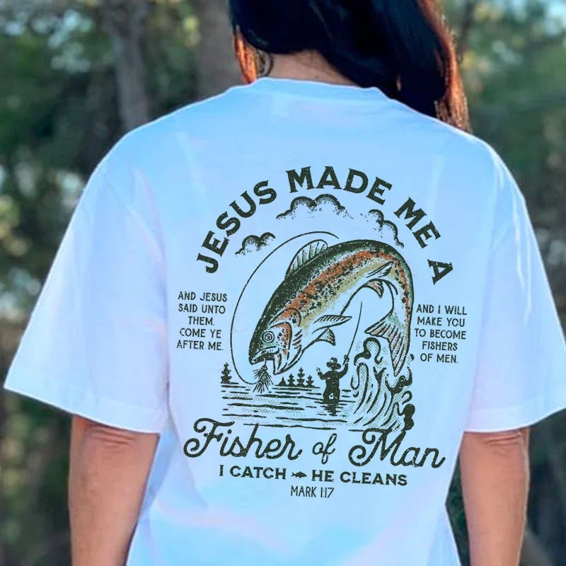 Fisher of Men Vintage Fashion Streetwear Tops Women Back Print Christian Bible Verse T-Shirt Unisex Jesus Religious Tshirts Gift