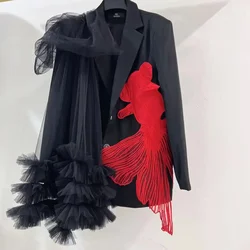 Goldfisch Stickerei Mesh Gespleißt Rüschen Schal Blazer Mantel OL Drehen Unten Kragen Gaze Plissee Anzug Jacke Unregelmäßige Strickjacke Tops