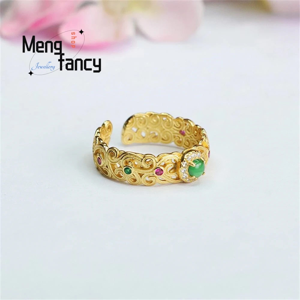 S925 Silver Inlaid Natural Jadeite Ring Icy Emperor Green Country Tide Finger Exquisite Elegant High-grade Fashion Fine Jewelry