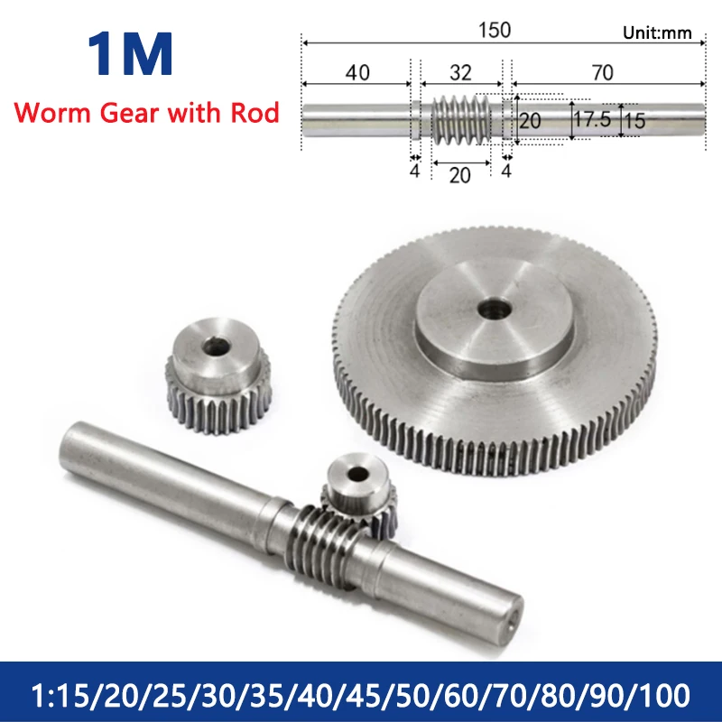 

1 Set 1M Worm Gear with Rod Reduction Ratio 1:15/20/25/30/35/40/45/50/60/70/80/100 45# Steel Turbine Worm Gear Rod