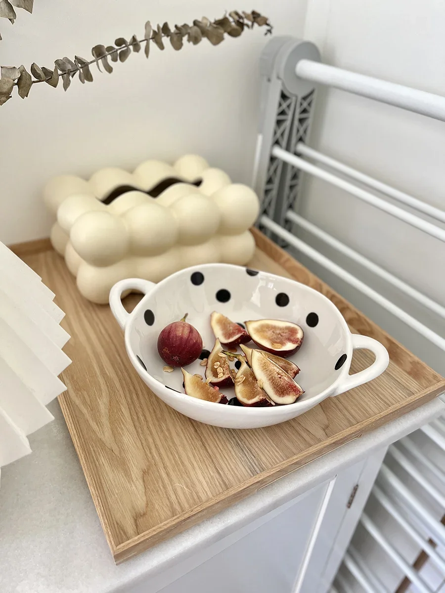 Hepburn Polka Dot Binaural Abnormal-Shape Bowl Ceramic Creative Hand-Painted Salad Bowl Baking Pan Fruit Salad Bowl Light Foo...