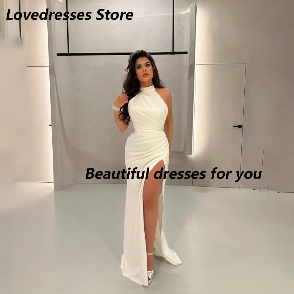 

Sexy Prom Dresses Elegant Evening Party Ivory Satin High Neck Sleeveless Thigh Slit Long Dress for Special Occasions 2025