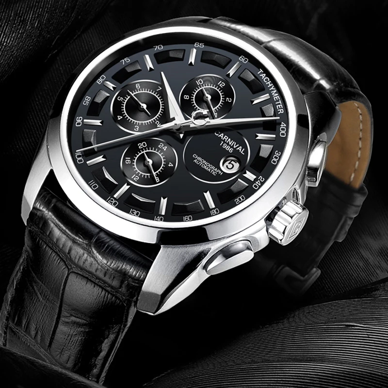 New CARNIVAL Multifunction Dial Watch Men 3ATM Waterproof Leather Strap Mens Automatic Mechanical Watches Reloj Hombre