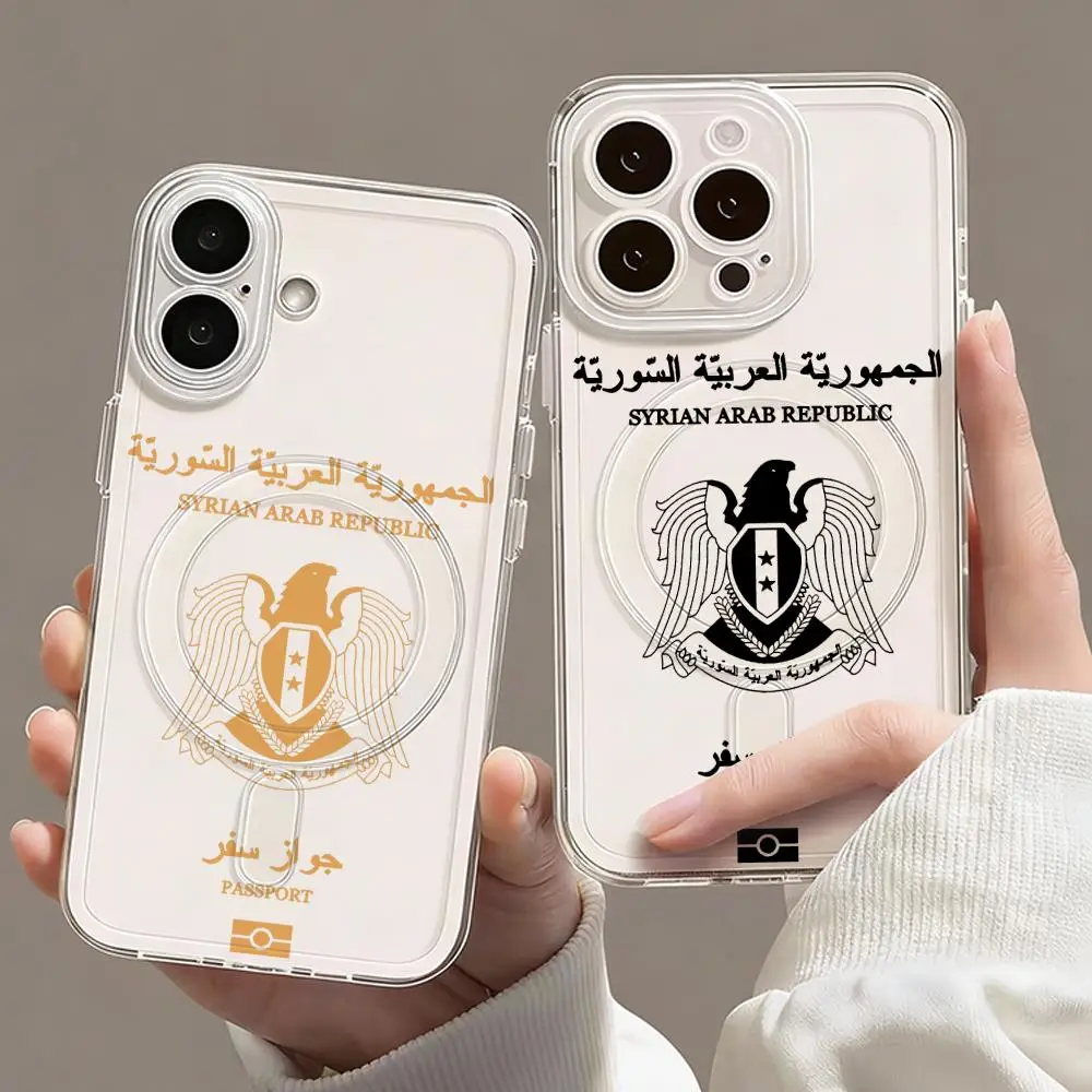 Syria Passport Phone Case For iPhone 17 16 15 14 13 12 Pro Max Plus Magnetic Clear Case Slim Wireless Charging Cover