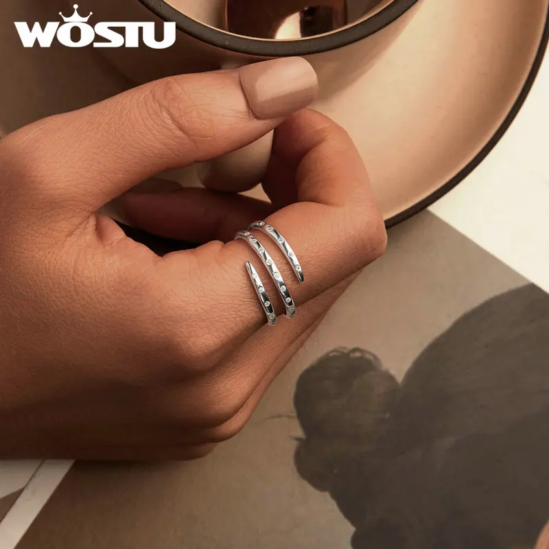 WOSTU 925 Sterling Silver Three Layer Party Stackable Ring Women  AAA Shiny Zircon Opening Wrapped Rings Girl Daily Wear Anillo