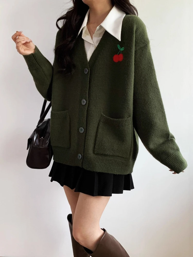

Korobov Korean Casual All Match V Neck Long Sleeve Solid Embroidery Pockets Knitted Sweater Women Jumpers