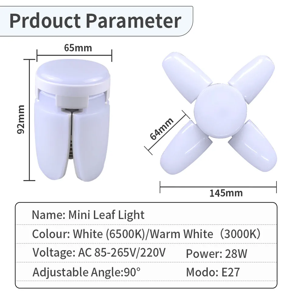 หลอดไฟ LED รูปทรงพัดลม28วัตต์โคมไฟ LED E27พับได้220V 110V สำหรับบ้านห้องนั่งเล่นหรือโรงรถไฟเพดาน