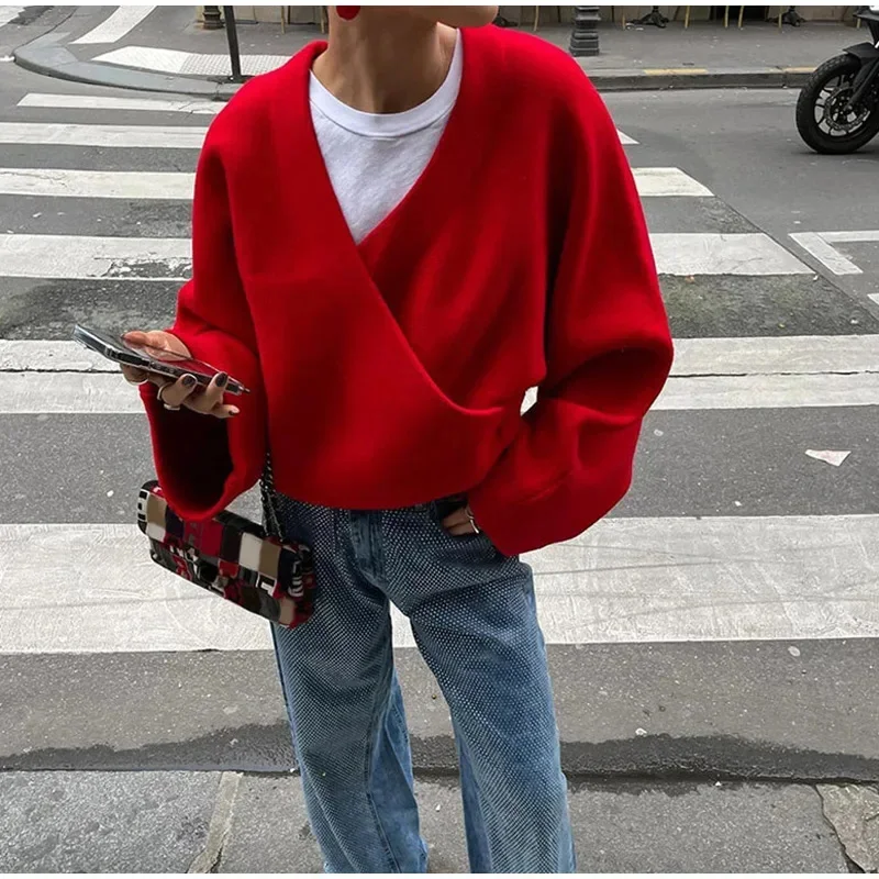 

Vintage Loose Red Jacket Street Sweater Casual V-neck Long Sleeve Female Short Pullover 2024 Autumn Winter Fashion Lady Outwears