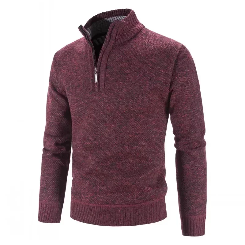 Autumn Winter Thick Knitted Sweater Men Pullovers Solid Color Zipper Mock Neck Slim Fit Knit Pullovers Men Causal Sweater Man