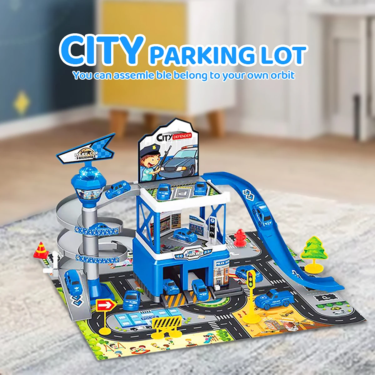 DIY Assembled Track City Parking Lot Lights Rail Car Inertia Vehicle Engineering Car Toys with 3 Piece Alloy Race Car Boys Gift