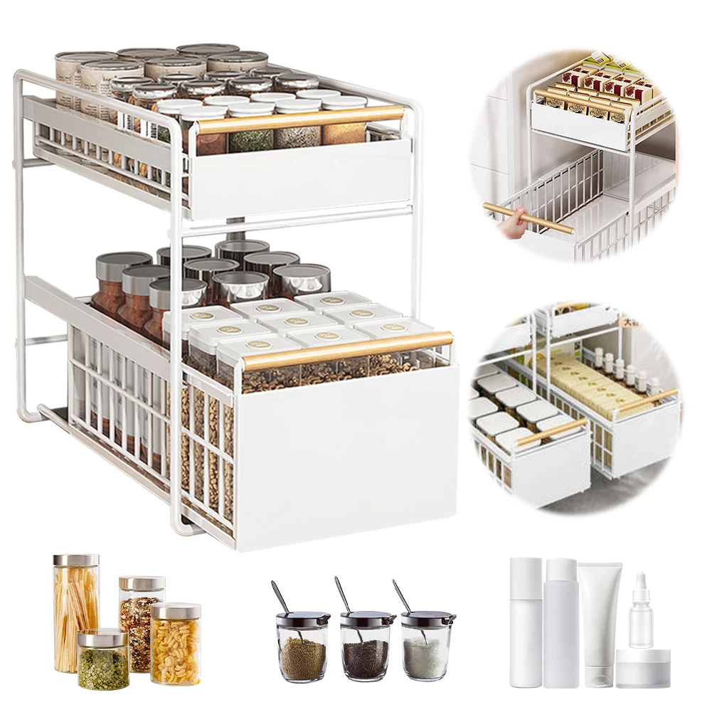 

2-Tier Cabinet Pull-Out Organizer Large Capacity Cabinet Storage Rack Under Sink Basket Drawer for Bathroom Bedroom Skin Care