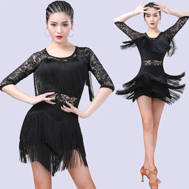 Ladies Prom Party Ballroom Latin Salsa Dance Dress Women Sexy Tango Jazz Modern Samba Rumba Lace Fringe Suit Skirt 4Colors