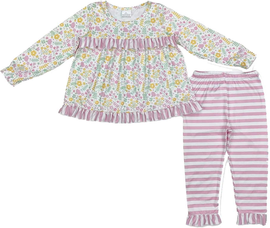 10.23 الخريف الأزهار ورقة الدانتيل طويلة الأكمام الوردي سروال مخطط لطيف الفتاة الزي مجموعة للأطفال