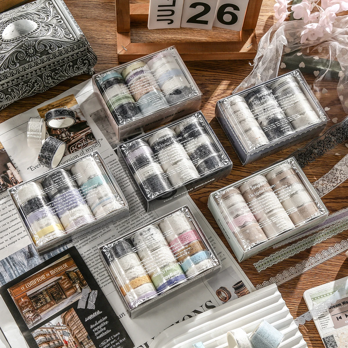 15 لفة/صندوق شريط نمط الدانتيل، متوفر بألوان مختلفة، مناسب لتزيين ألبوم دفاتر الملاحظات بنفسك، مادة PET مقاومة للماء