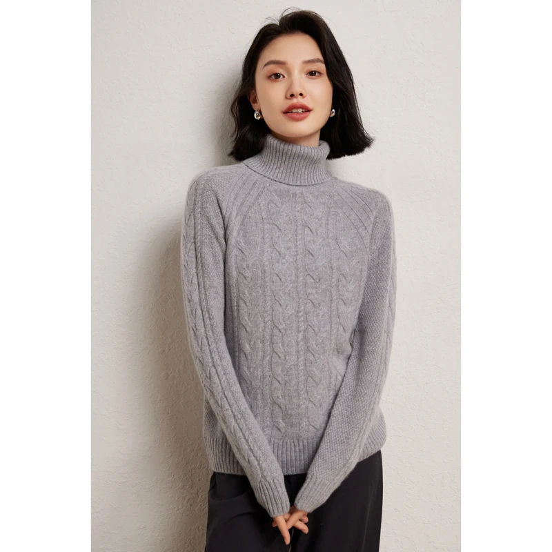 

Women 100% Cashmere Elastic Pullover Turtleneck Sweater Autumn Winter Thick Warm Cable Stitch Knitwear Classic New Fashion Top