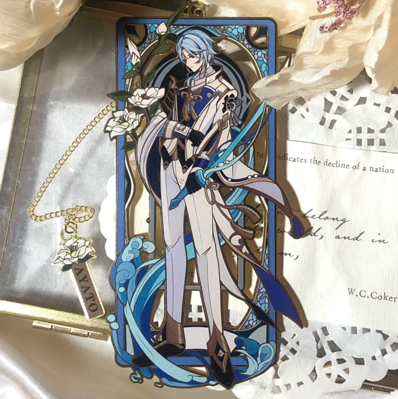 

In Stock Anime Peripheral Genshin Impact Kamisato Ayato Cosplay Hollow Out Metal Bookmarks Cosplay Stationery Bookmark Student