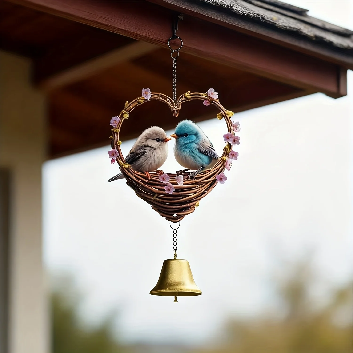 2D flat heart-shaped bird wind chimes with bells, bird heart wind chimes, flat pendants, Valentine's Day gifts