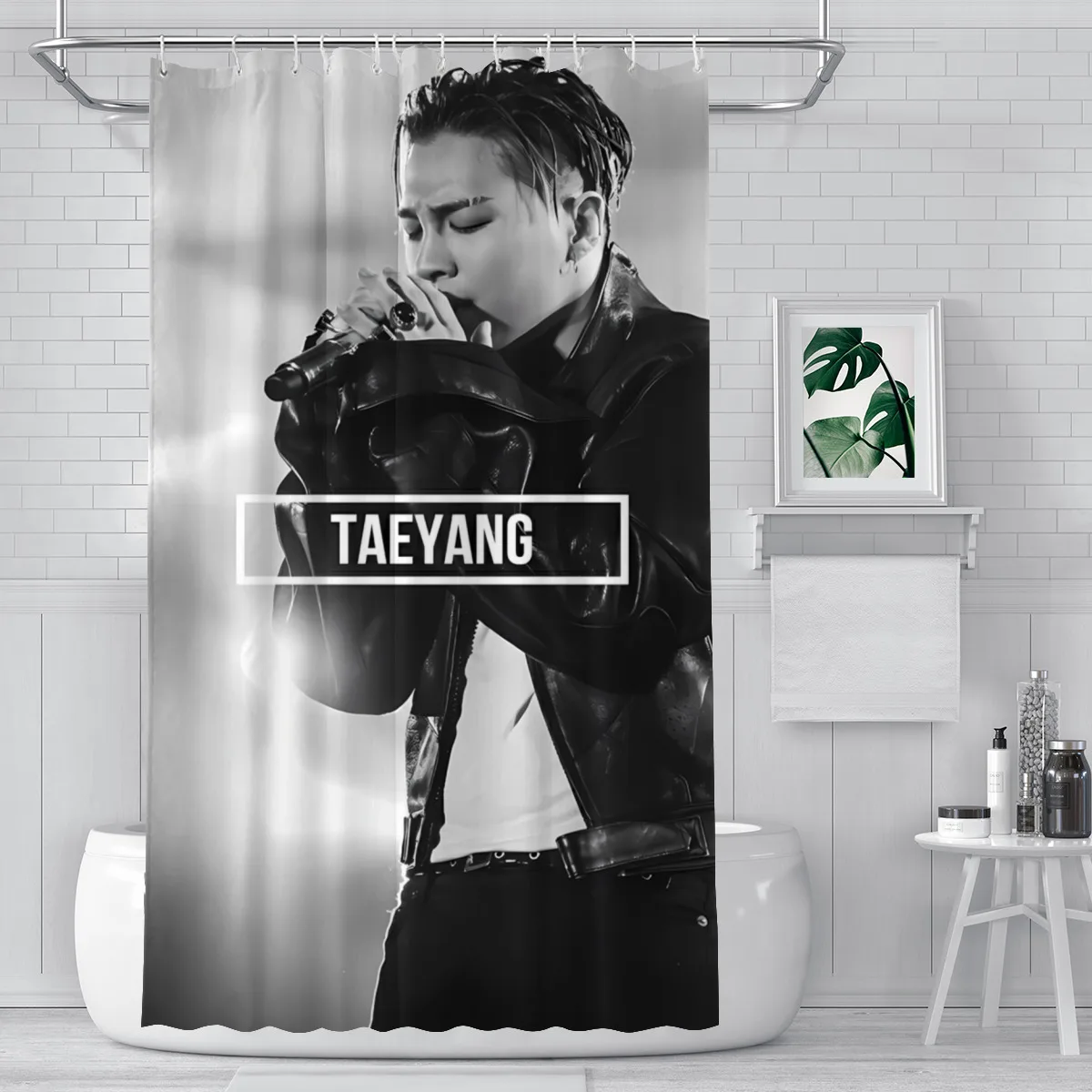 Kpop Singer Shower Curtain, Male Idol Portrait Waterproof Bath Curtain, Black White Photo Bathroom Decor Art