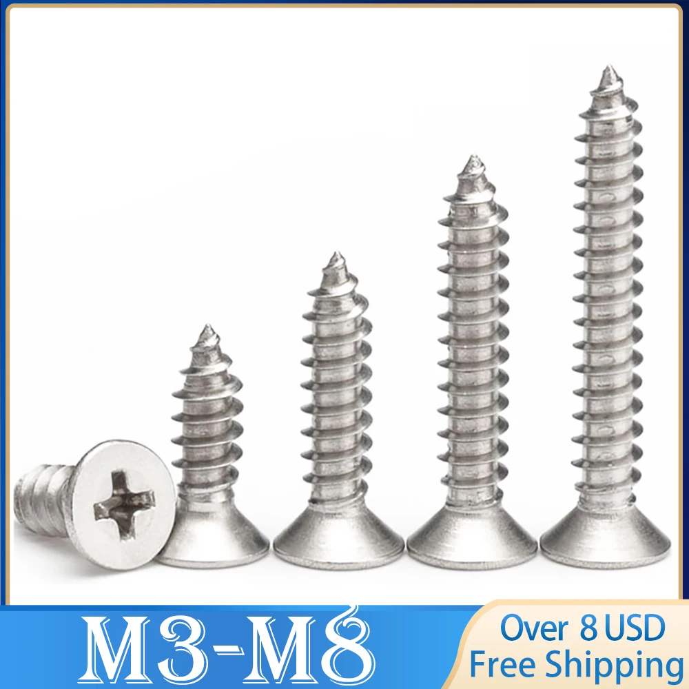 10pcs/lot Cross Recessed Countersunk Flat Head Self-tapping Screw M3 M3.5 M4 M5 M6 M8 Stainless Steel Phillips Furniture Screw