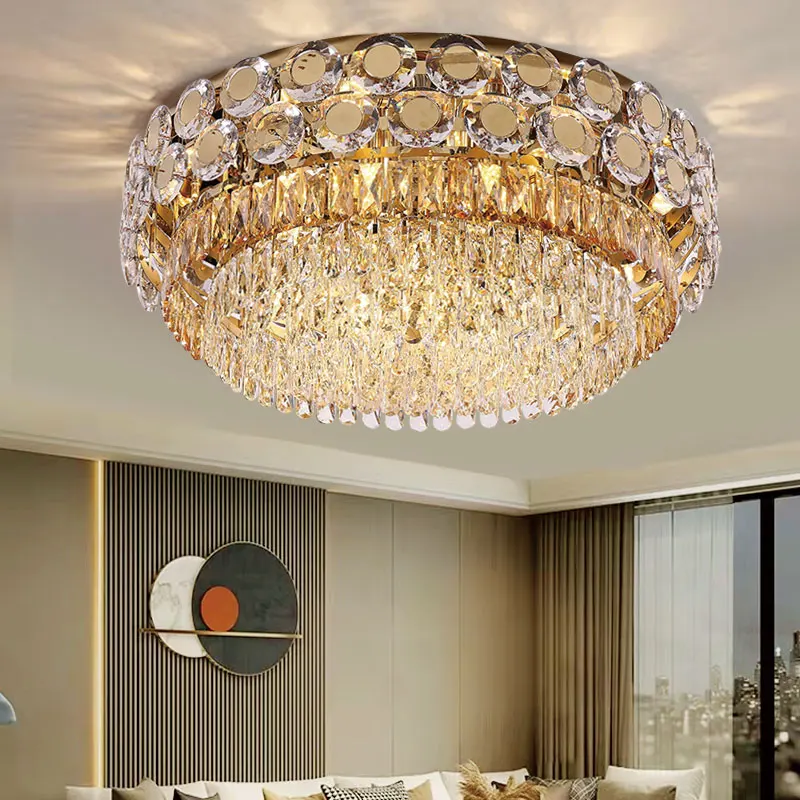 

New High Quality Golden Round Living Room Light Luxury Main Lamp Ceiling Lamp Crystal Lamp Restaurant Villa Hotel Bedroom Lamp
