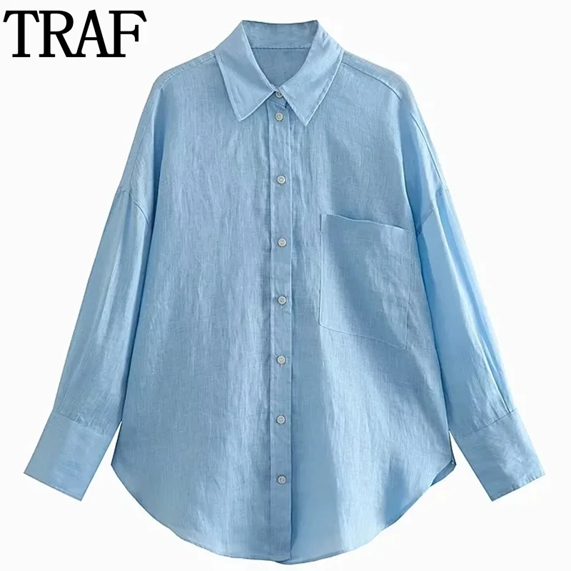 TRAF White Shirt Women Blue Loose Blouses Woman Casual Linen Black Shirt Streetwear Long Sleeve Button Up Shirts And Blouses