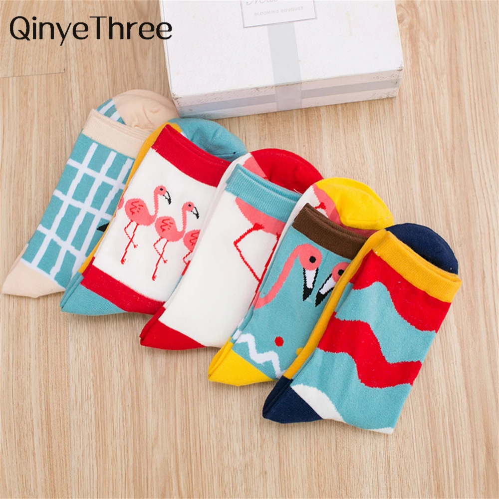 New Cute Funny Flamingo Socks Women Colorful Harajuku Happy Preppy Style Striped Lattice Sokken Christmas Gift Dropship