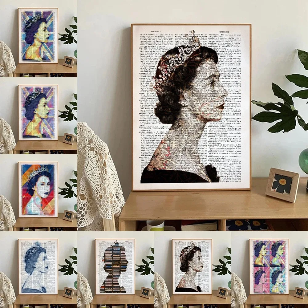 ملصقات بورتريه عتيقة لديكور المنزل ، طباعة بورتريه بريطانية ، الملكة الثانية ، إليزابيث ، لوحات قماشية ، قاموس ، فن جداري مشهور ، صورة #1