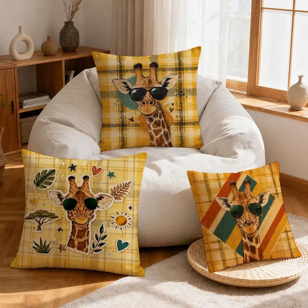 Pattern Vintage Giraffe Print Cushion Cover Linen Anti-Mite Antibacterial Cushion Cover Invisible Zipper Sofa Decor