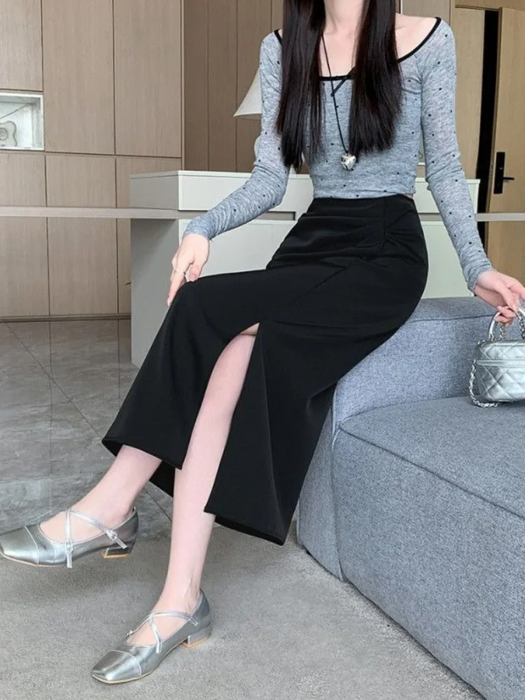 التنانير النسائية عالية الخصر مع شق الأزرق تنورة نسائية الكورية موضة صيف 2025 ألف خط الملابس الاتجاه الجمالية مبيعات مميزة V