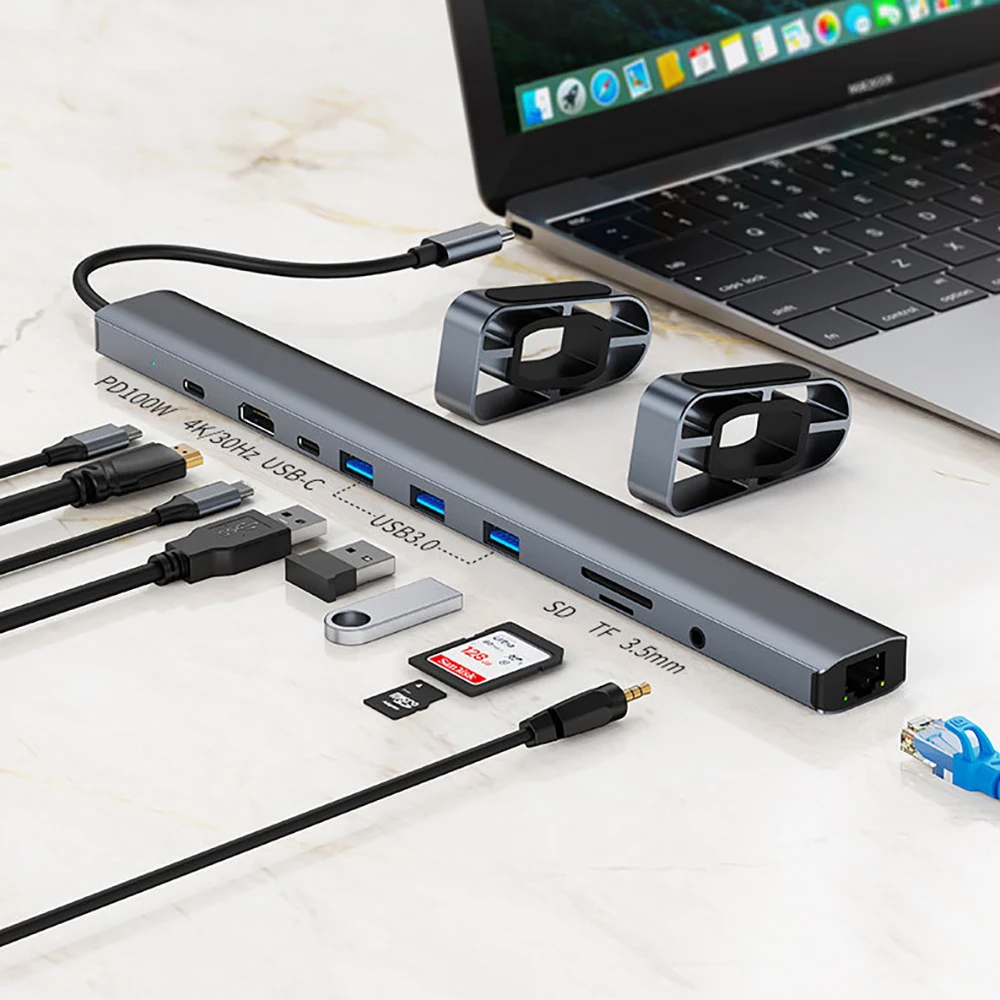 USB C ハブ ラップトップスタンド 折りたたみ式ホルダー LANエクステンダー USBディスク マイクロSD TFカードリーダー PD充電器 4K 30HZ HDTVケーブルスプリッター