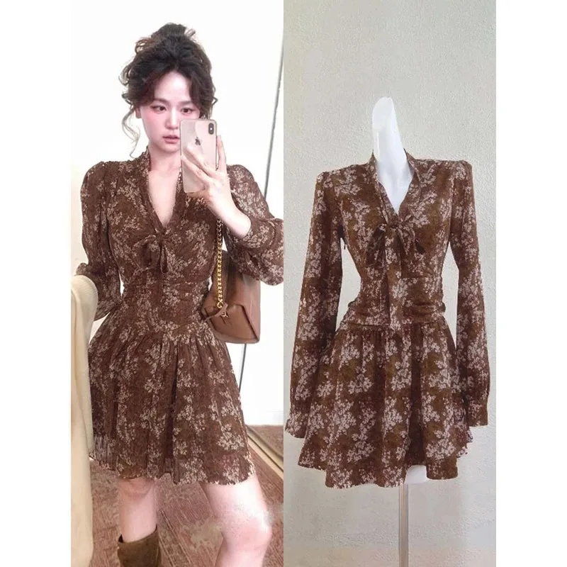 Robe élégante à manches longues, nouveau Style français rétro, tempérament Floral, col en v, taille ruban, polyvalente, à la mode, automne