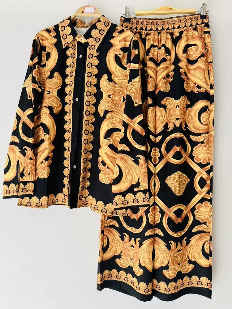 レトロ幾何学模様プリントストレートレッグ長袖シャツとルーズワイドレッグパンツのツーピースセット、秋のレディースファッション