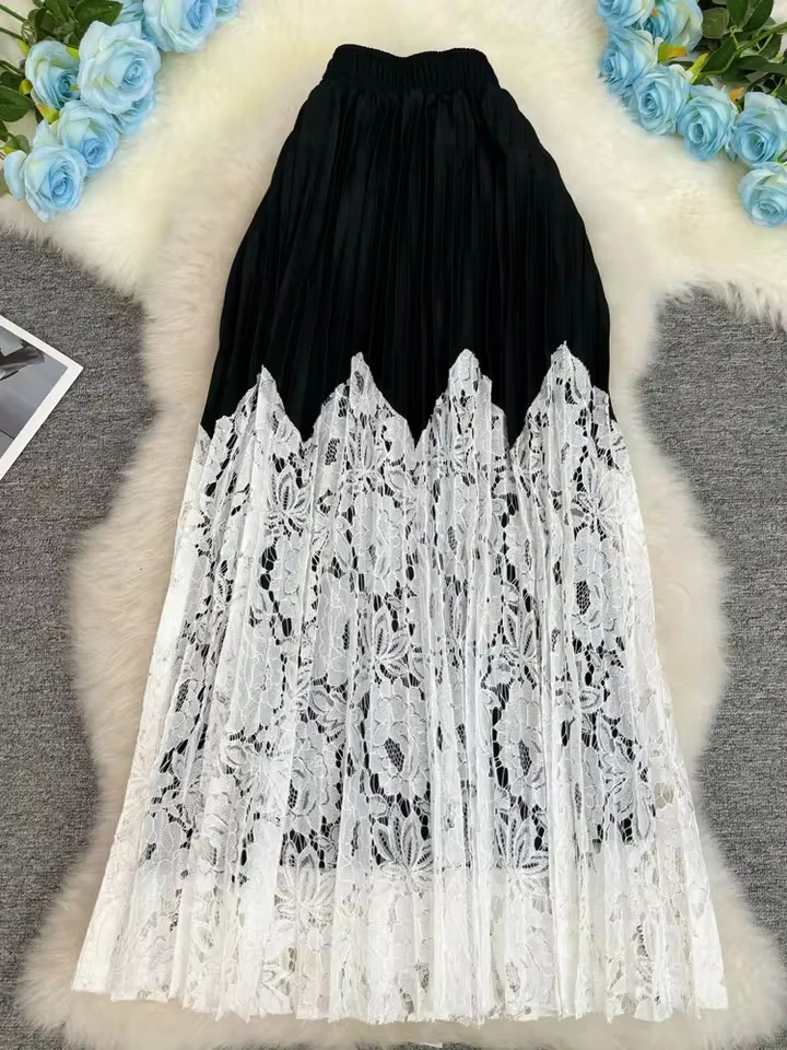 New 2026 Women Luxury Lace Patchwork Pleated Skirt Female Summer Versatile  A-line Elegant Long Skirt
