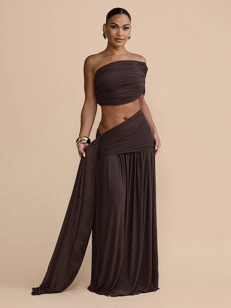 

Nibber Ruched Chic, комплект из 2 предметов, женский сексуальный классический топ без рукавов с разрезом на шее + юбка с лентой, элегантные костюмы для пляжной вечеринки и отдыха