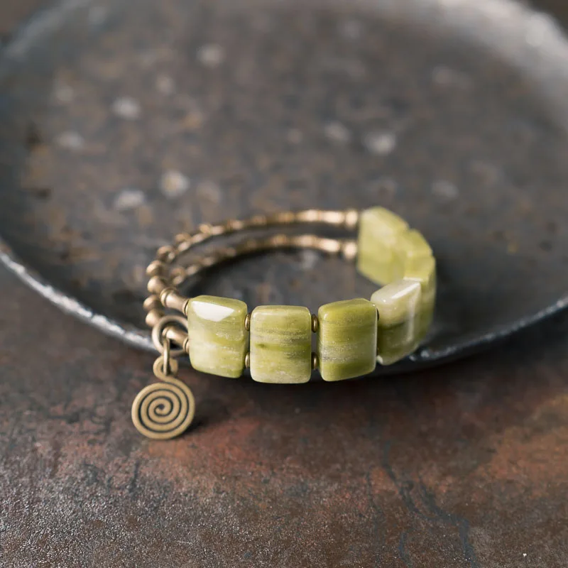 Natrual peridoto pulseira de metal latão pulseira duas fileiras oriental jóias riqueza decoração casal amante verde jade
