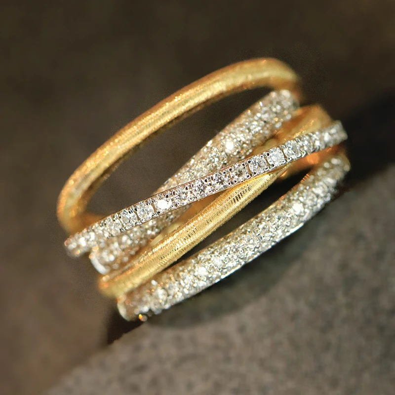 Aazuo Vintage Jewelry 18K Yellow Gold Real Diamond 0.75ct Lines Ring Gift For Women Luxury Engagement Halo anillos mujer Party