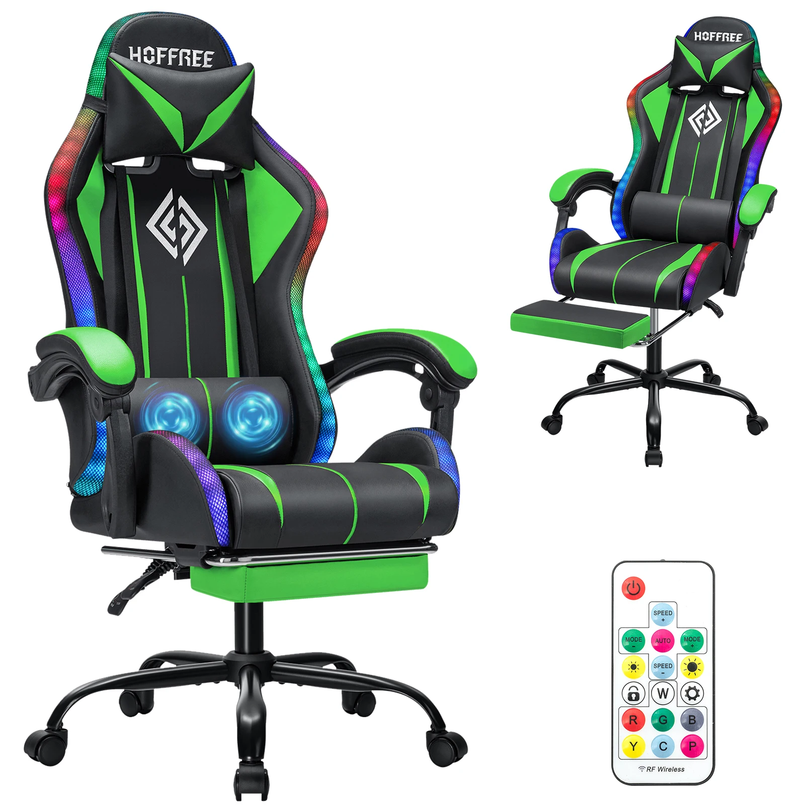 350lbs RGB Gaming Chair Massage with LED Lights and Footrest Ergonomic Chair with High Back Lumbar Support for Home Office — Sage