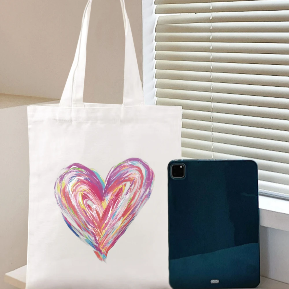 Fashion Love Heart Print Ladies Canvas Tote Casual Shoulder Bag Eco Large Capacity Portable Travel Shopping Bag Purses Handbags