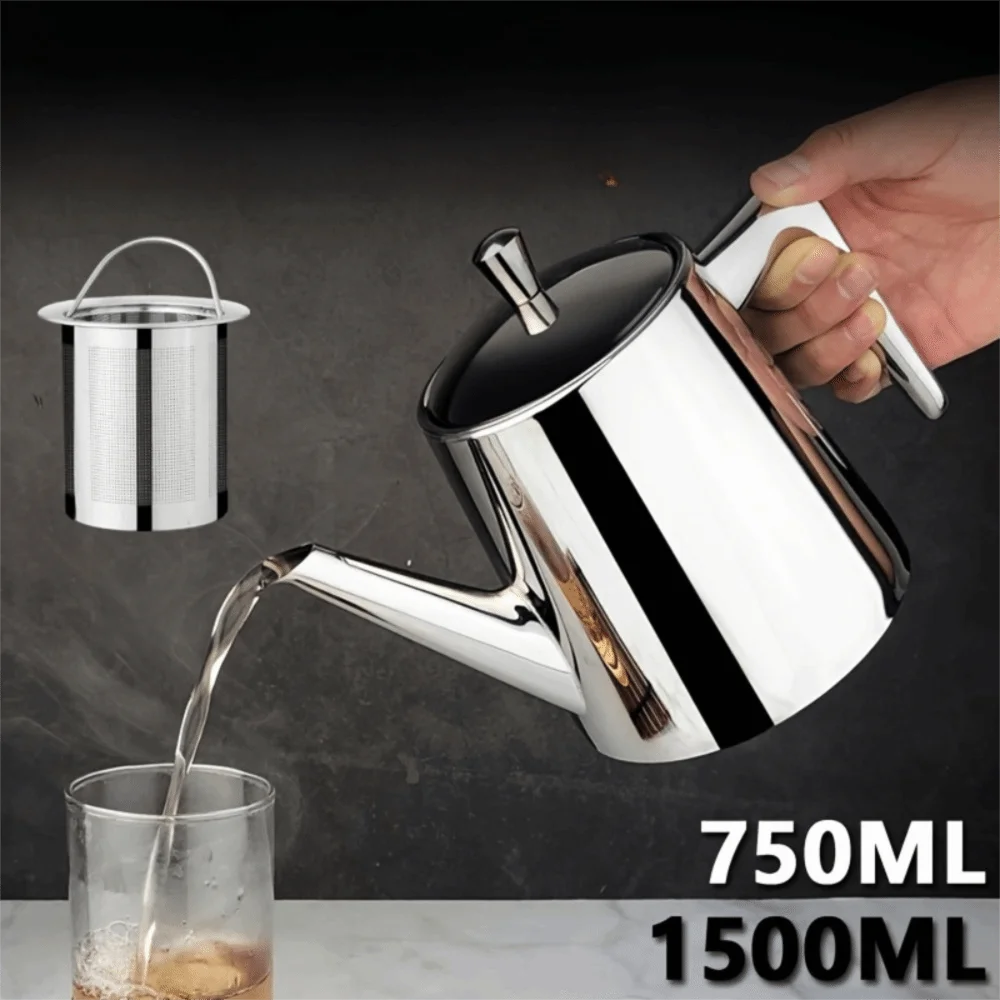 

2 in 1 Stainless Steel Long Spout Teapot with Filter Rustproof Hotel Teapot Mirror-like Large Capacity Flower Tea Pot Restaurant