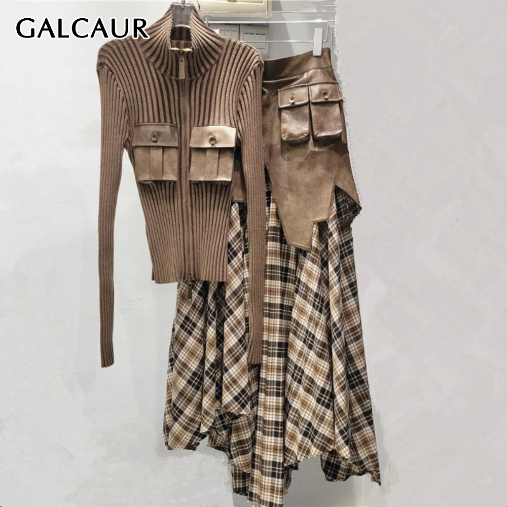 

GALCAUR Coffee Spliced Pocket Two Piece Set Female Turtleneck Long Sleeve Jacket High Waist Irregular Design Women's Skirt Sets