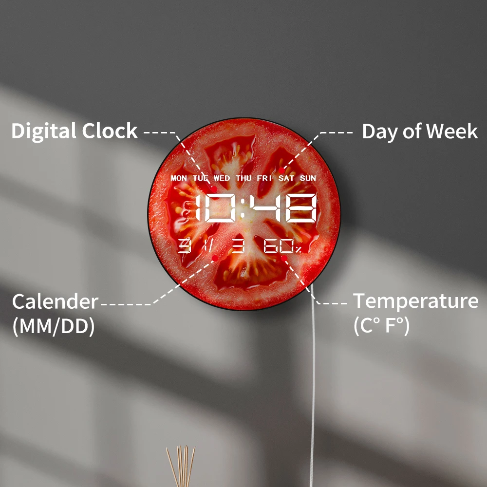 ساعة حائط مطبخ مطبوعة بشريحة طماطم مع شاشة LED رقمية كبيرة نباتية عشاق فني ديكور منزلي ساعة حائط إلكترونية