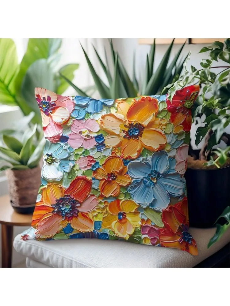 1pc Colorful Impressionist Flower Pillow Cover, 2D Double-Sided Print Soft Polyester Cushion Case for Home Sofa Bedroom Decor